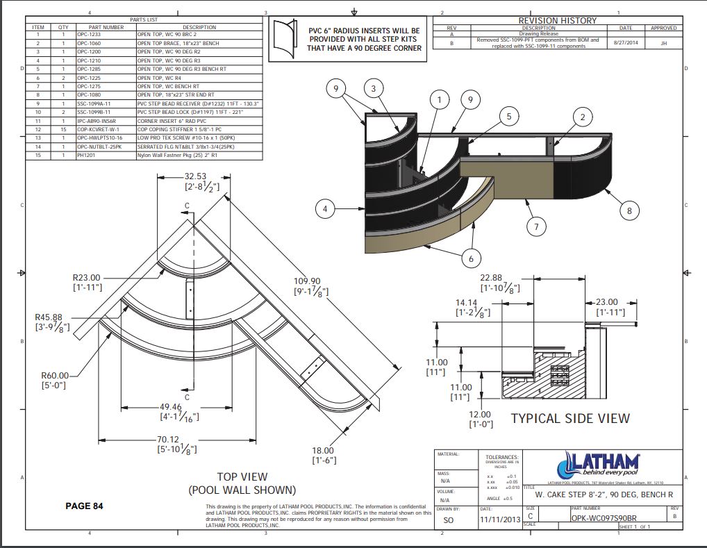 Wedding Cake Corner Step Polymer 3-Tread 90 Deg. 6" Radius w/ Right Bench